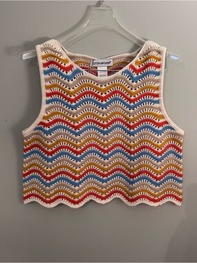 Cotton Emporium Cream Crochet Wave Tank with Red, Blue & Mustard Stripes